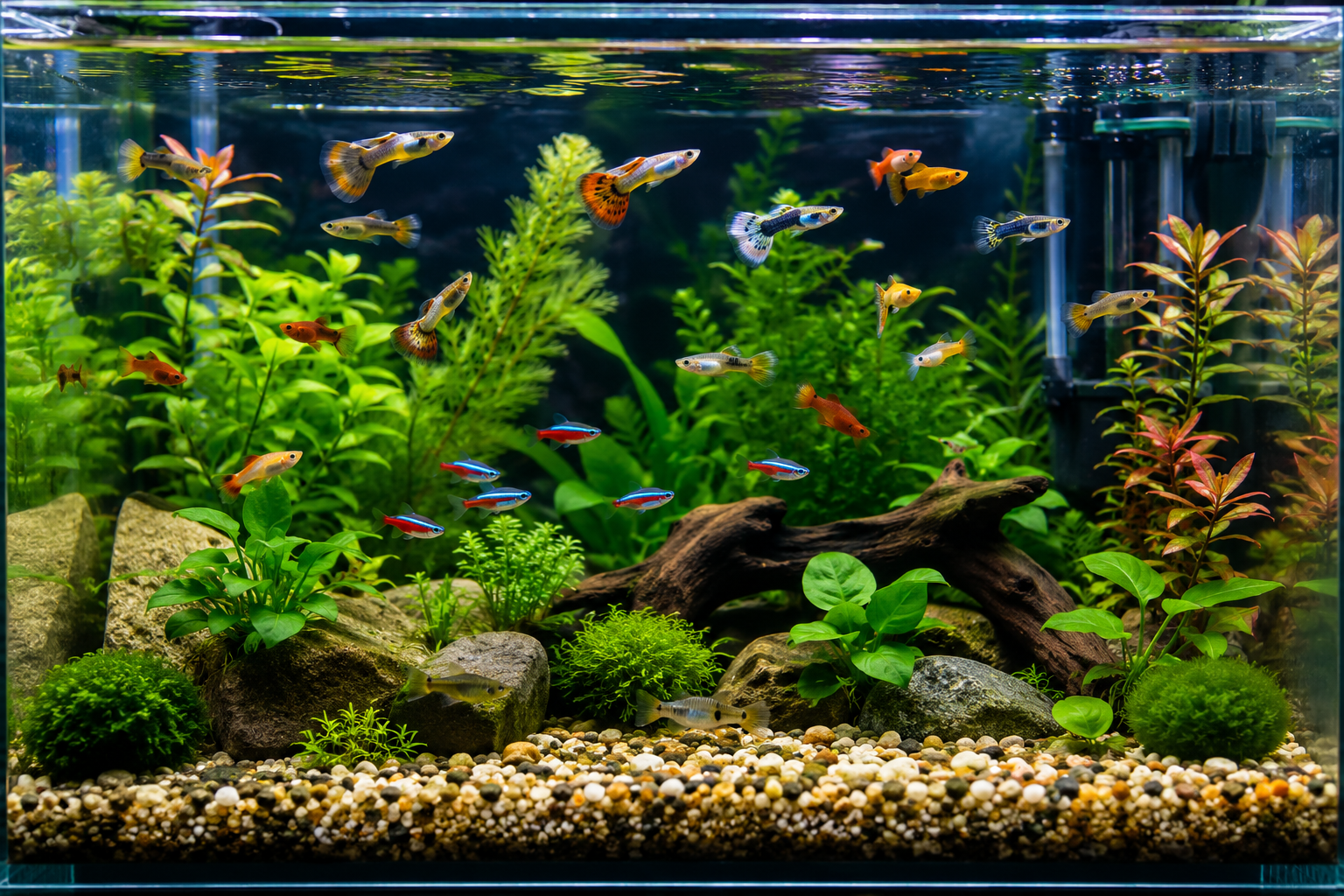 Peaceful community aquarium with guppies and compatible small fish