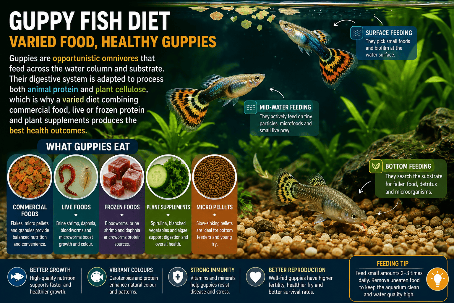 Guppy fish feeding at the surface, mid-water and substrate on a varied omnivorous diet