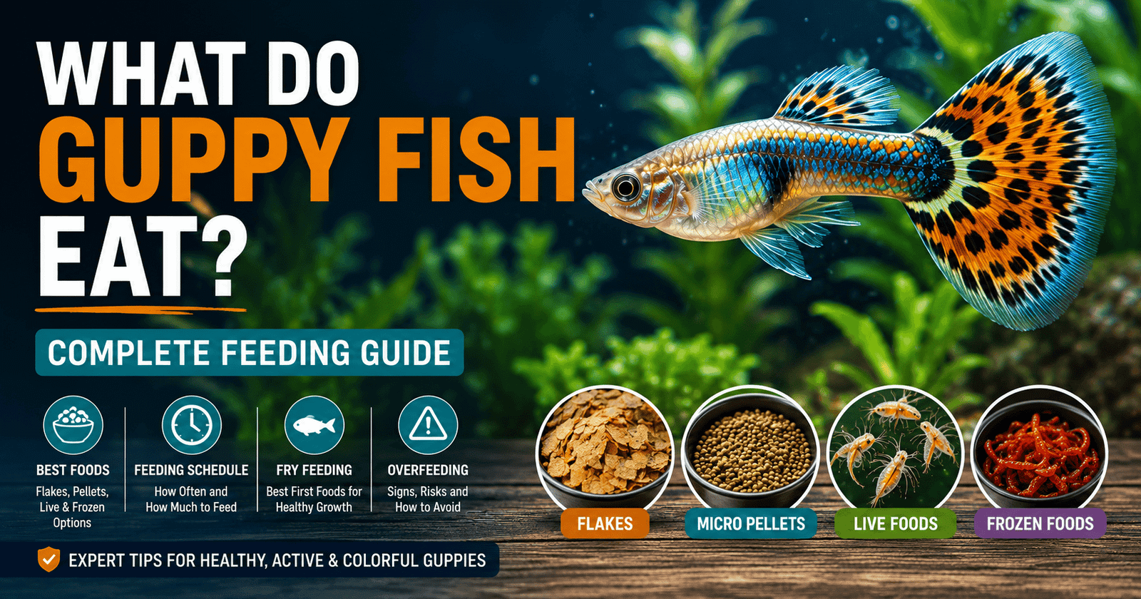Guppy fish feeding guide showing guppies eating a varied aquarium diet