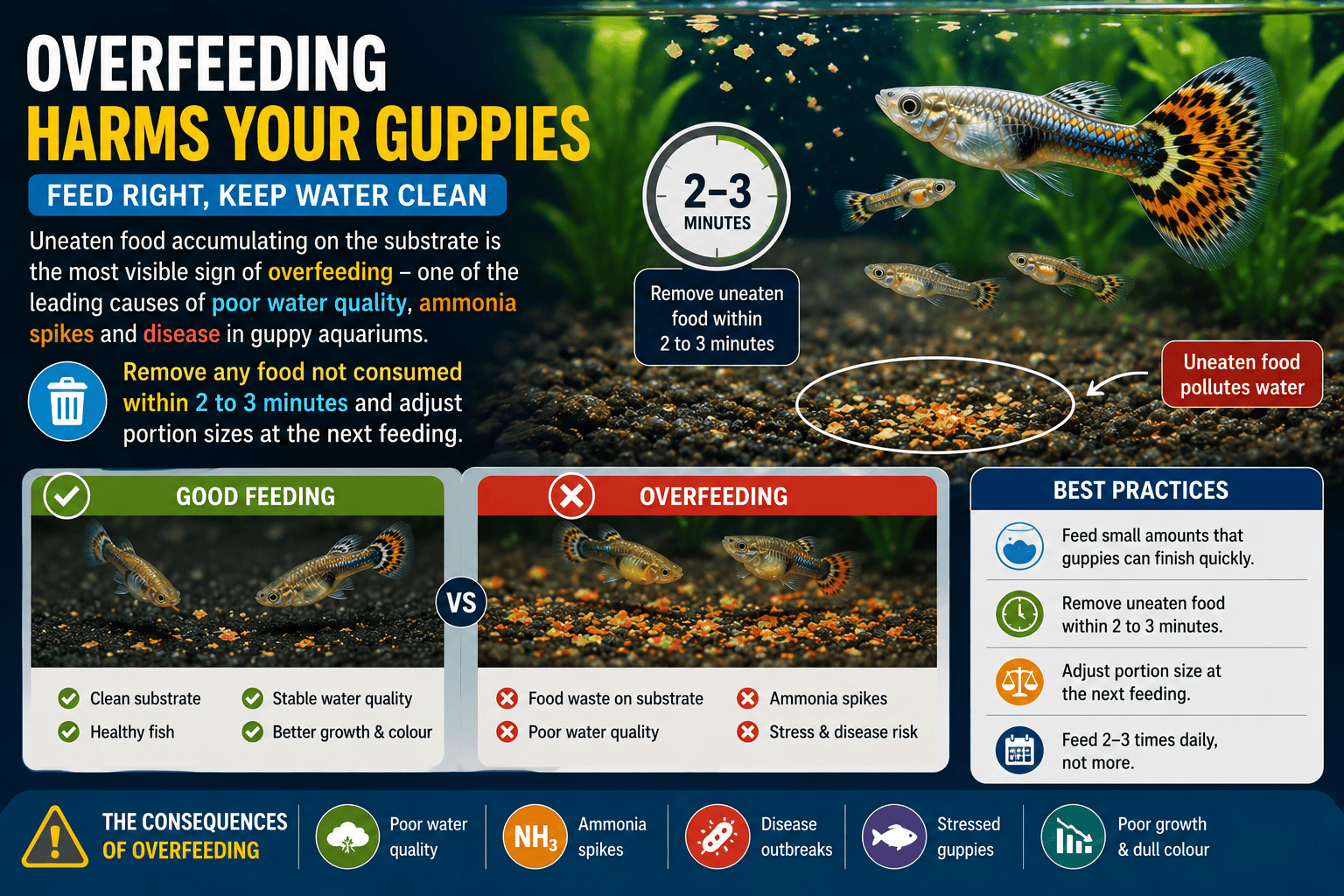 Guppy fish aquarium with uneaten food accumulating on the substrate from overfeeding