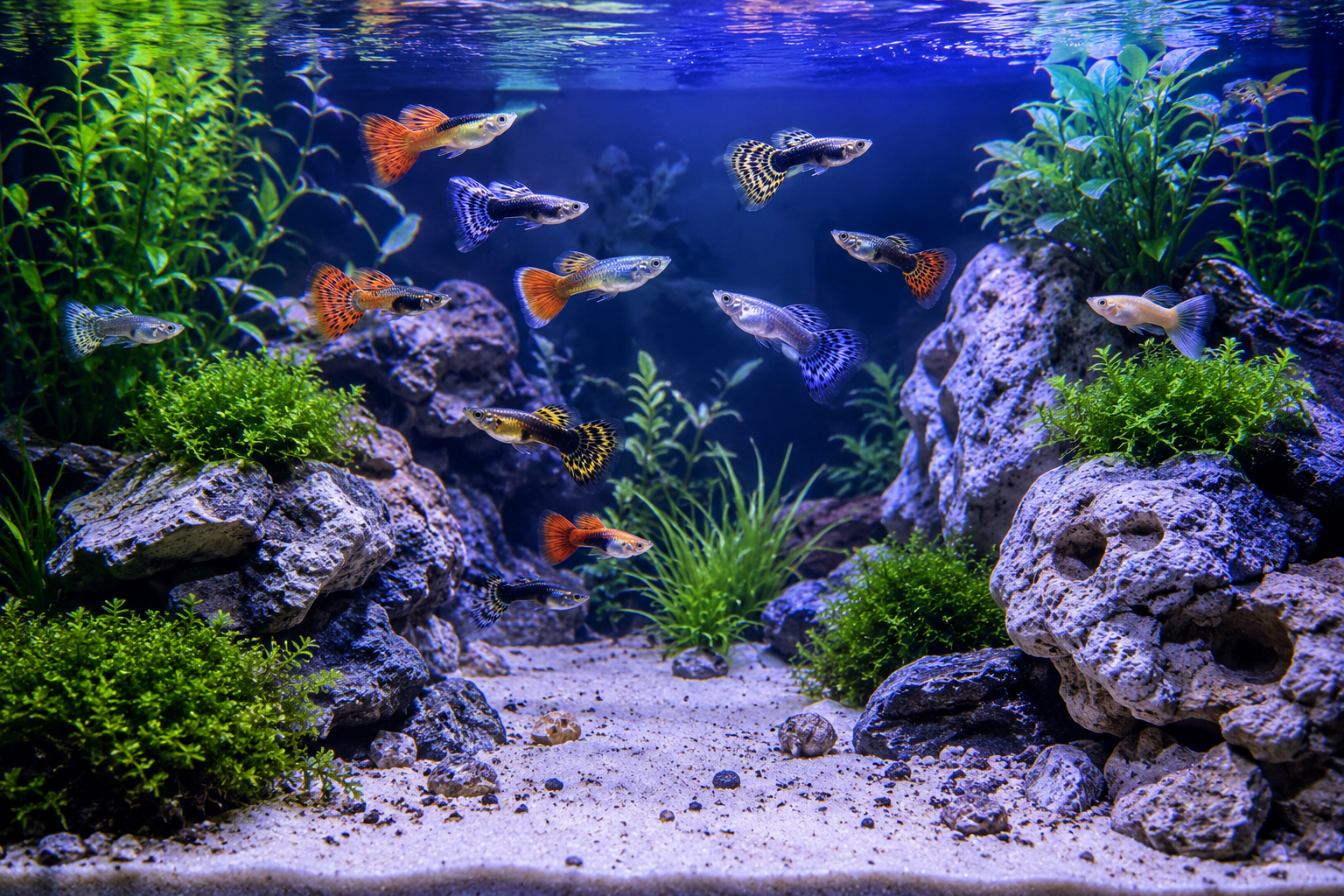 Healthy group of guppies swimming through planted cover and open space in a rocky freshwater aquarium
