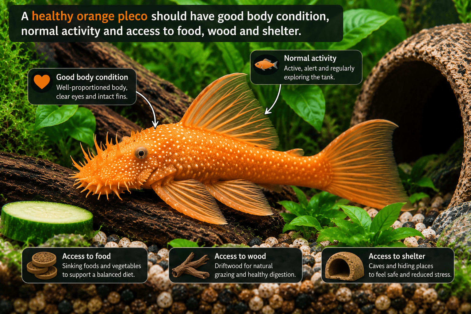 Healthy orange pleco with good body condition in a planted aquarium