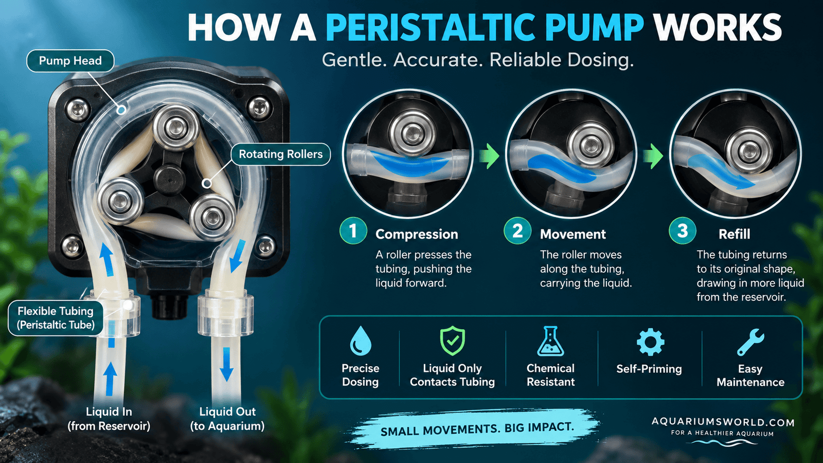 Infographic showing a peristaltic pump head compressing flexible tubing to move liquid from a reservoir toward an aquarium.