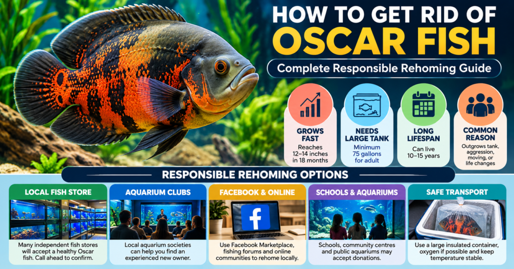 How to get rid of Oscar fish showing responsible rehoming options including fish stores, aquarium clubs, online groups and safe transport