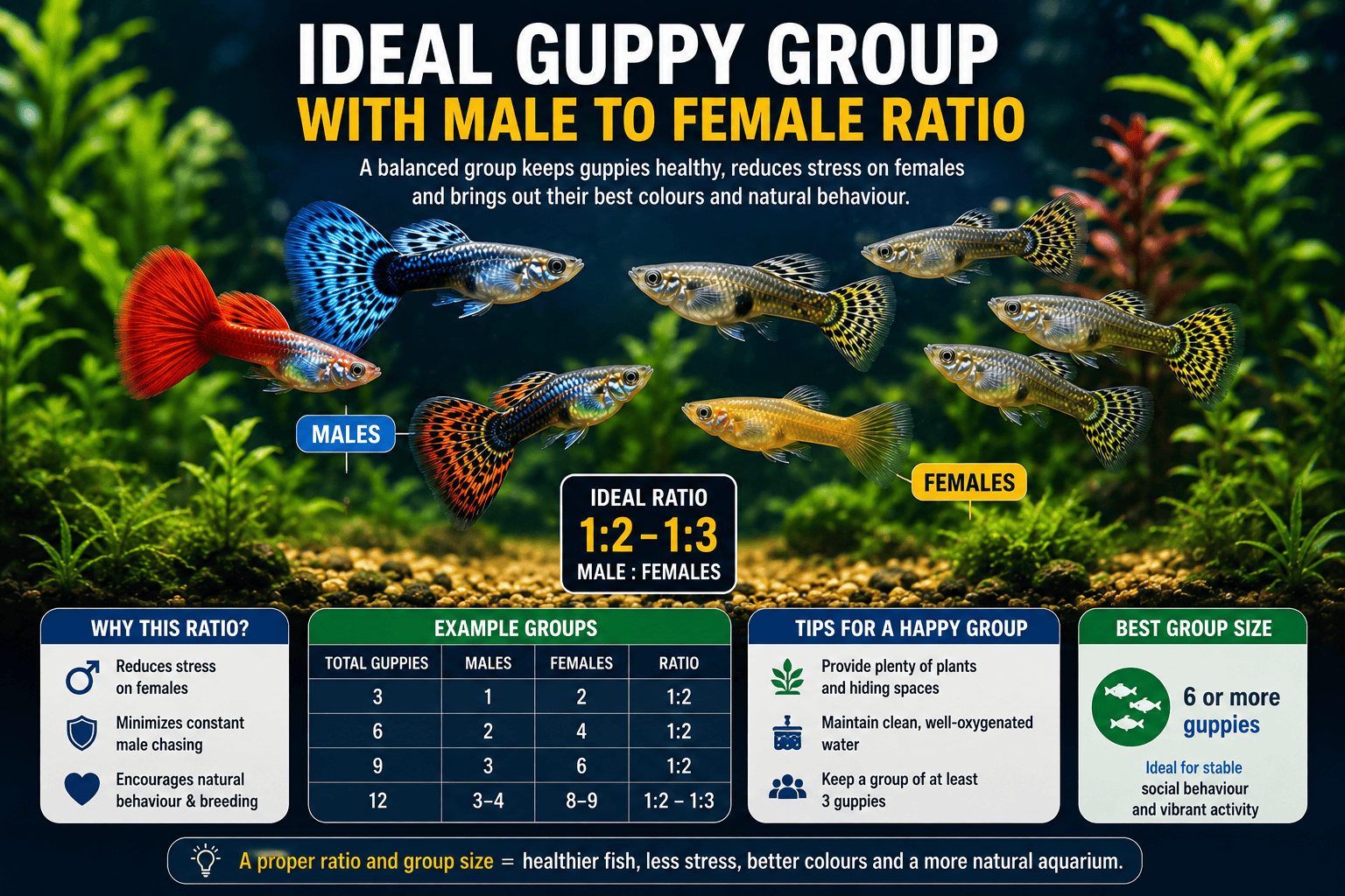 Ideal guppy group with a balanced male to female ratio in a planted aquarium