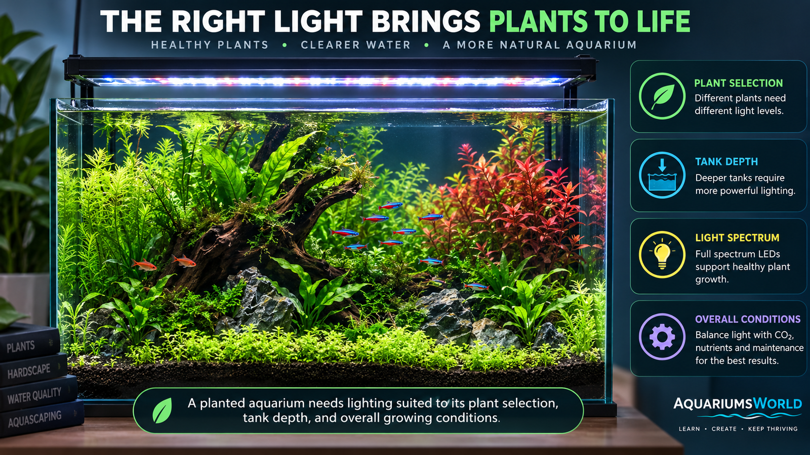 Lush planted aquarium illuminated by an LED light, with guidance on plant selection, tank depth, light spectrum, and balanced growing conditions.