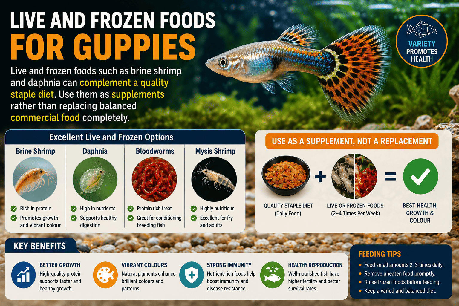 Guppy fish eating live and frozen foods including brine shrimp and daphnia