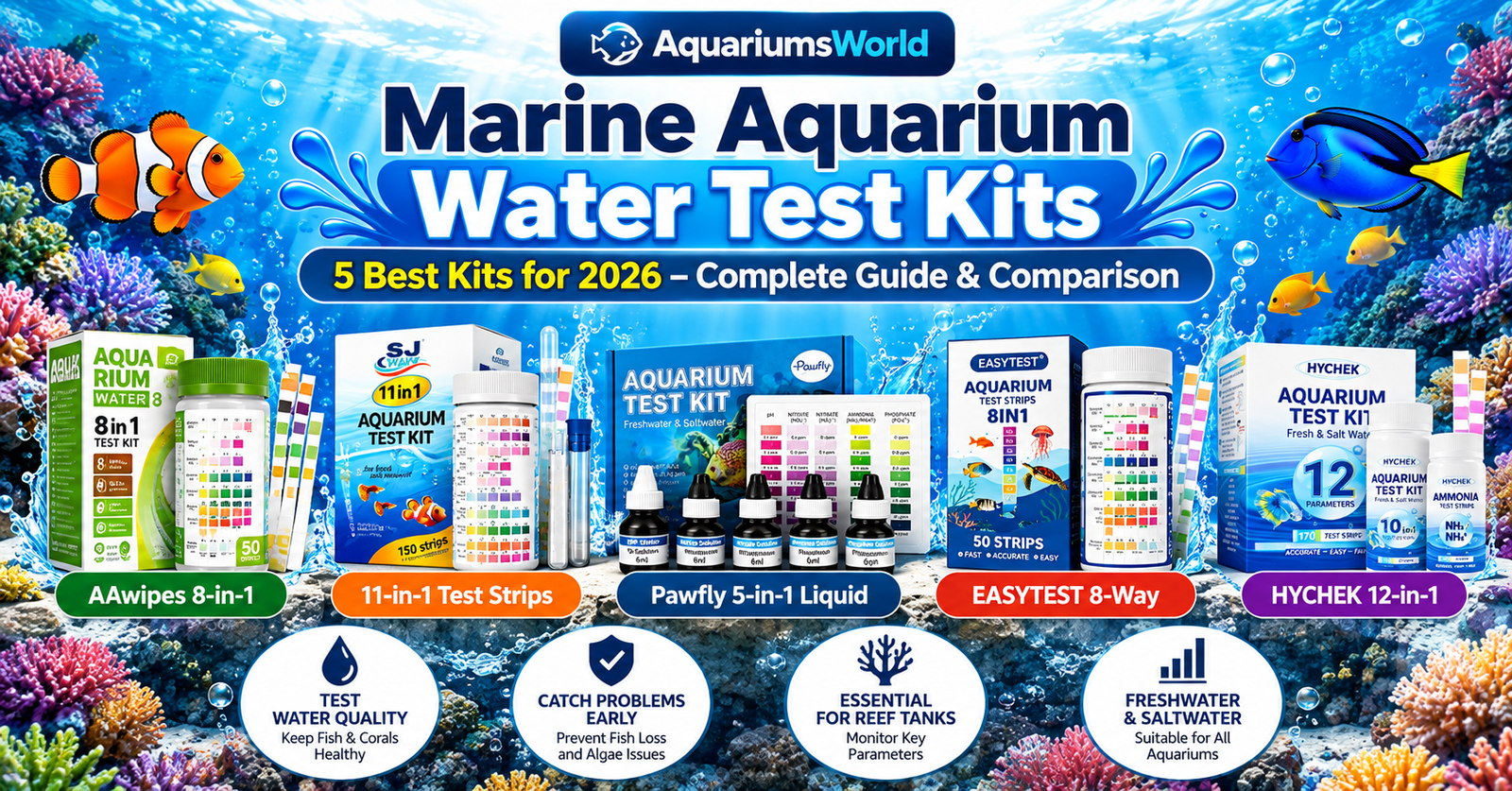 Centered marine aquarium water test kits infographic featuring AAwipes, 11-in-1, Pawfly, EASYTEST and HYCHEK kits, with product names, testing features and aquarium water quality guidance.