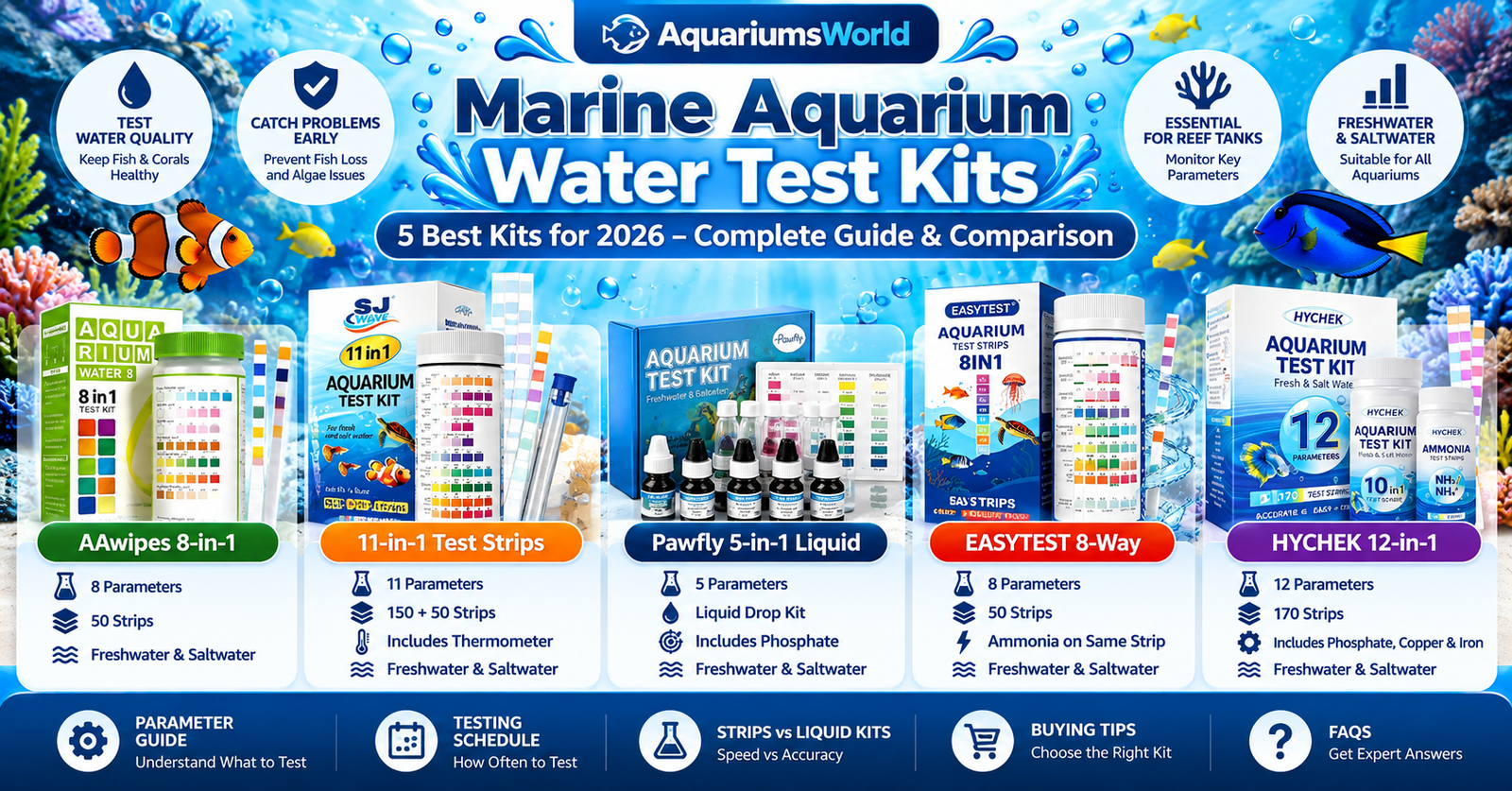Marine aquarium water test kits infographic comparing AAwipes, 11-in-1, Pawfly, EASYTEST and HYCHEK kits, including test parameters, strip counts and liquid testing options.