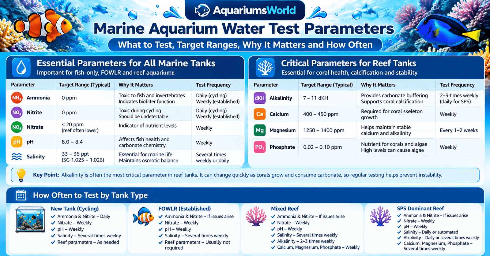 Marine aquarium water test parameters infographic showing target ranges and testing frequency for ammonia, nitrite, nitrate, pH, salinity, alkalinity, calcium, magnesium and phosphate.