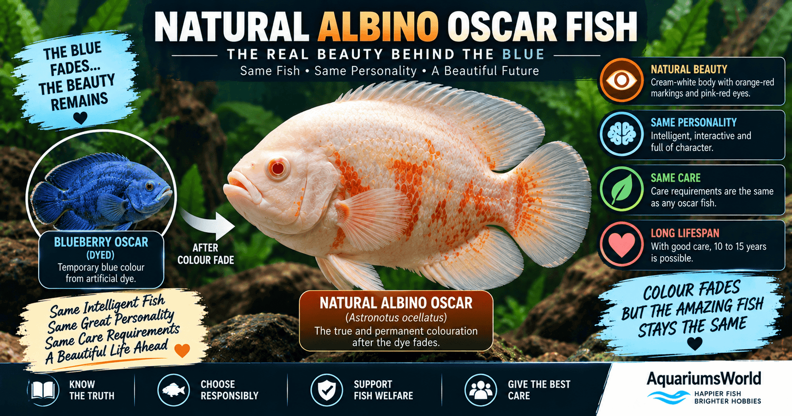 Natural albino Oscar fish Astronotus ocellatus showing cream-white body orange-red markings and pink-red eyes after blueberry Oscar artificial colour fades