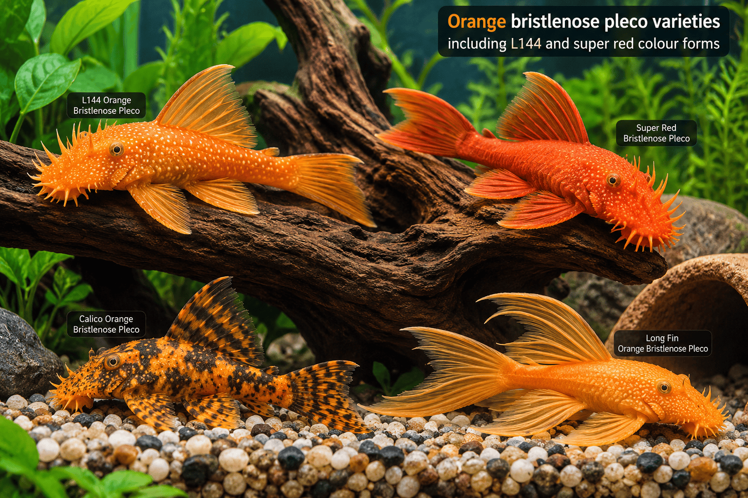 Orange bristlenose pleco varieties including L144 and super red colour forms