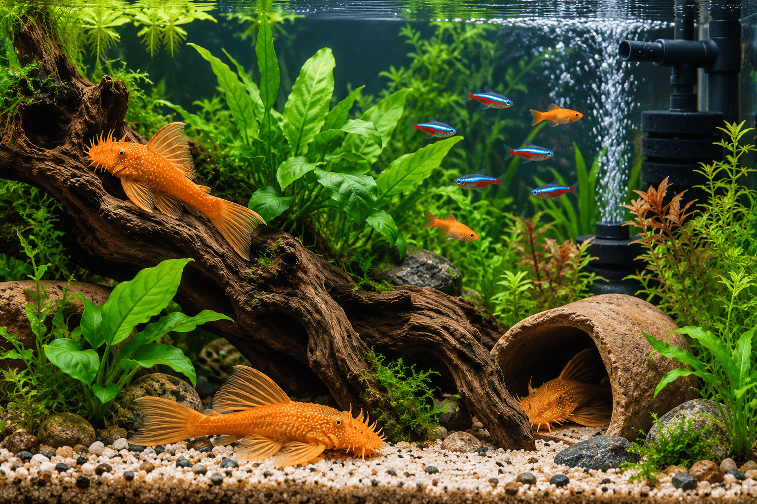Orange plecostomus aquarium with driftwood caves plants and reliable filtration