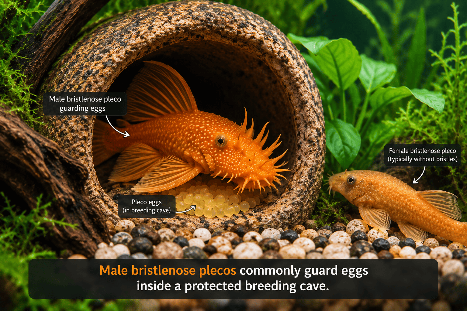 Male bristlenose pleco guarding eggs inside a protected breeding cave