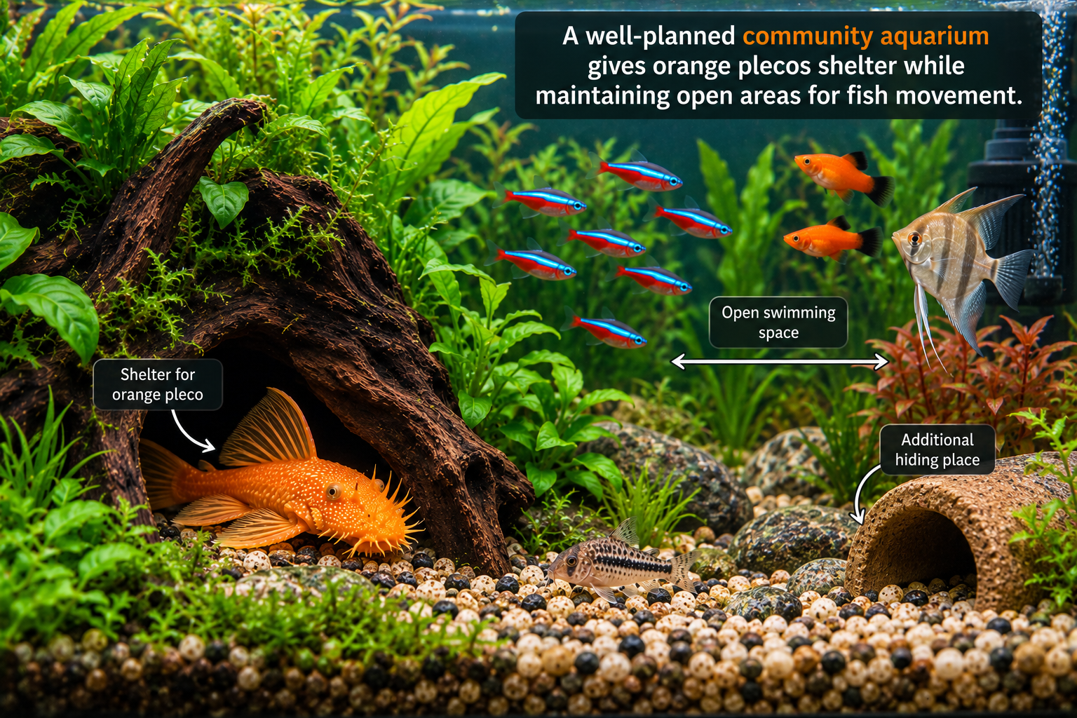 Orange plecostomus in a well-planned community aquarium with shelter and open swimming space