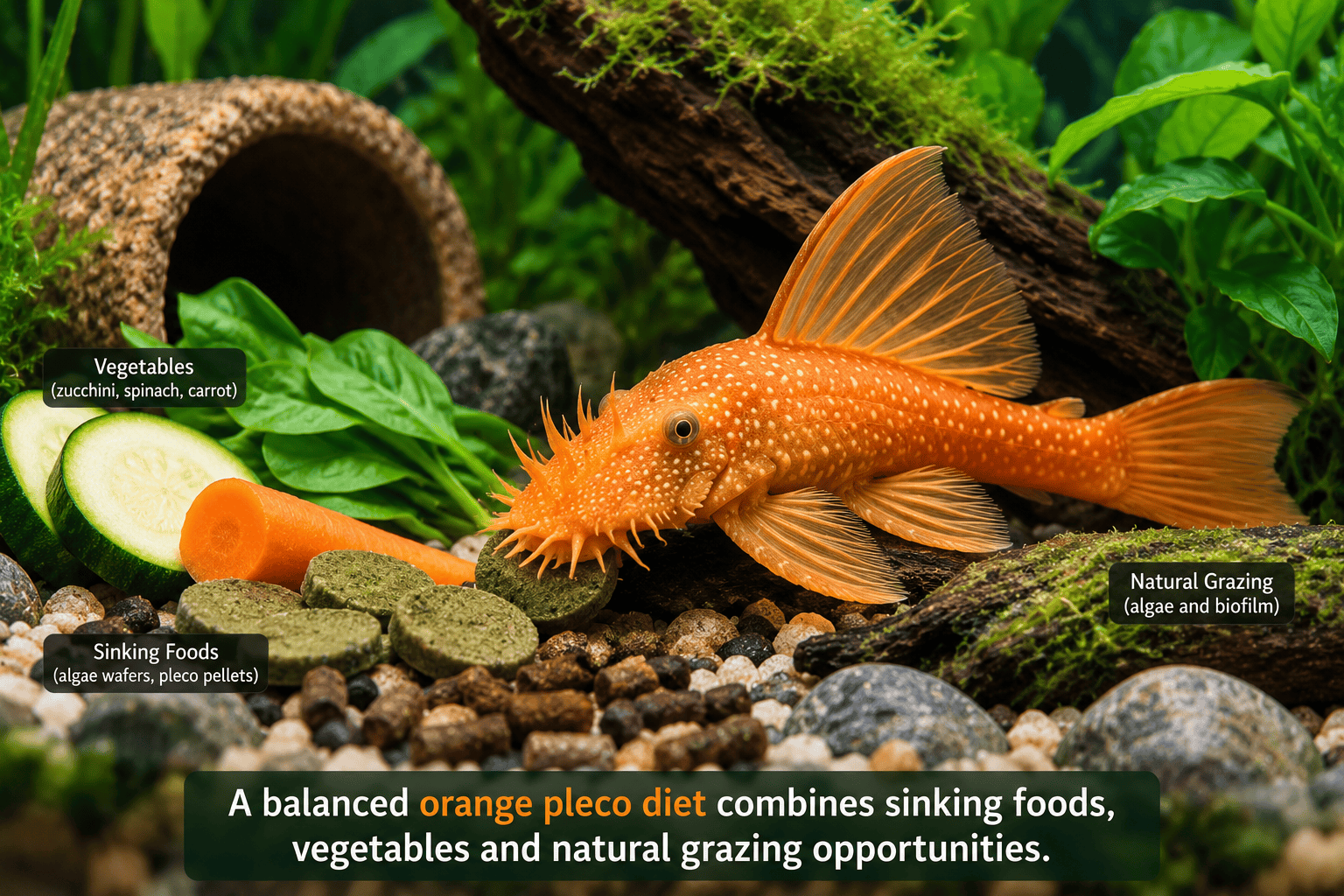 Orange pleco diet with sinking foods vegetables and natural algae grazing