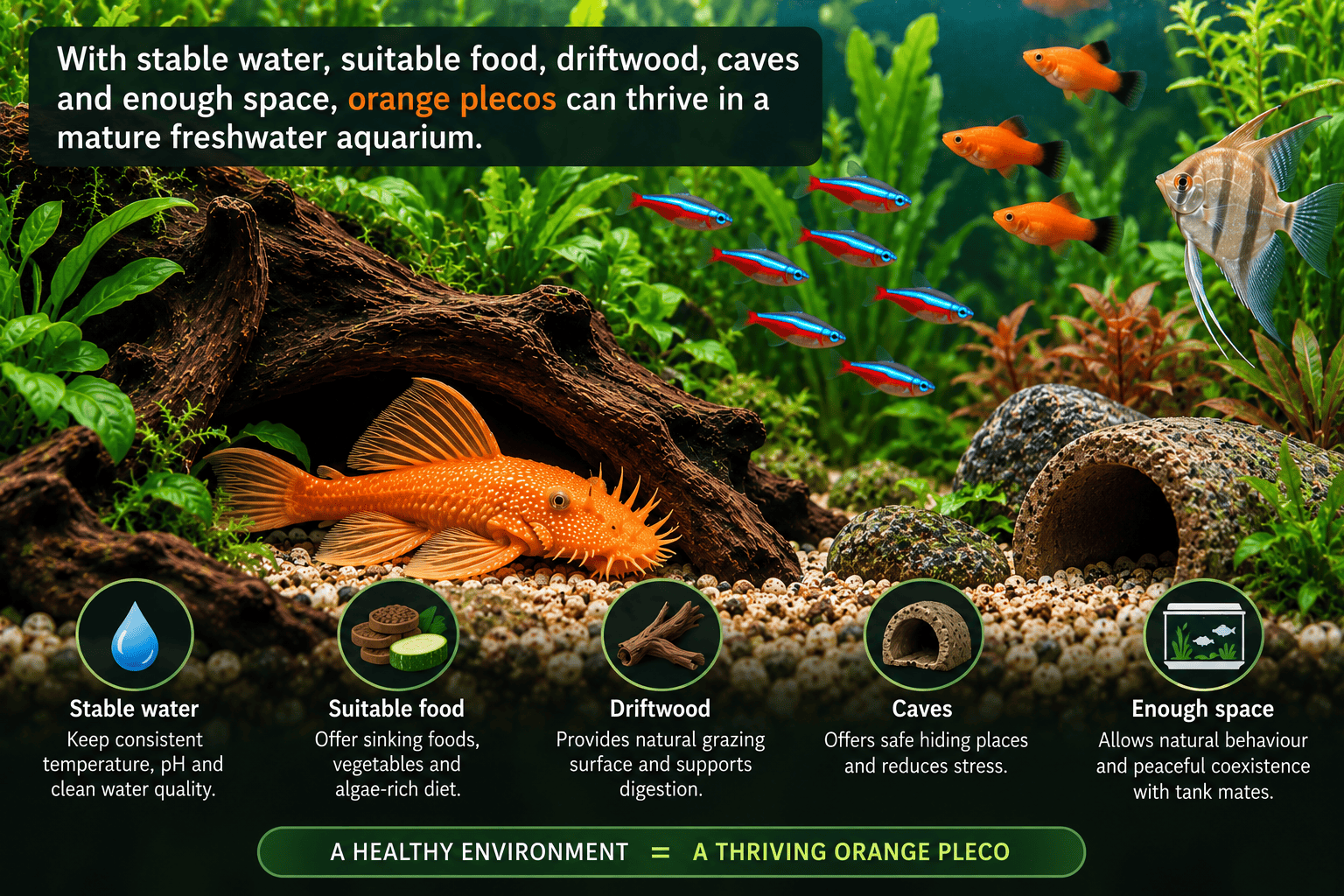 Orange pleco thriving in a mature planted freshwater aquarium
