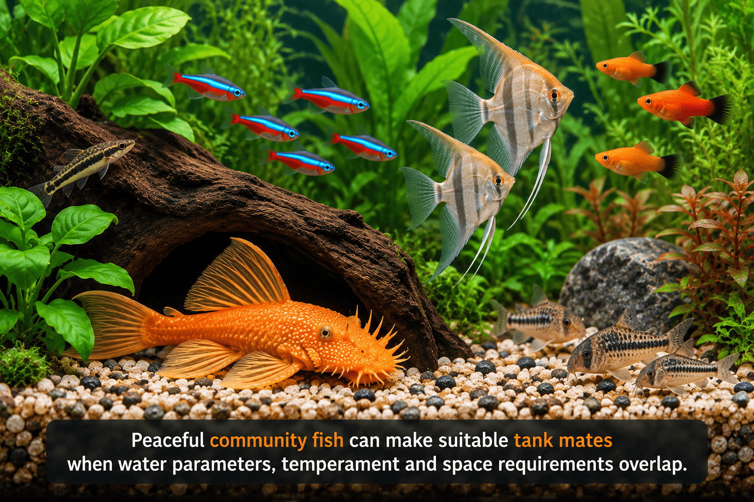 Orange plecostomus with peaceful community fish in a planted freshwater aquarium