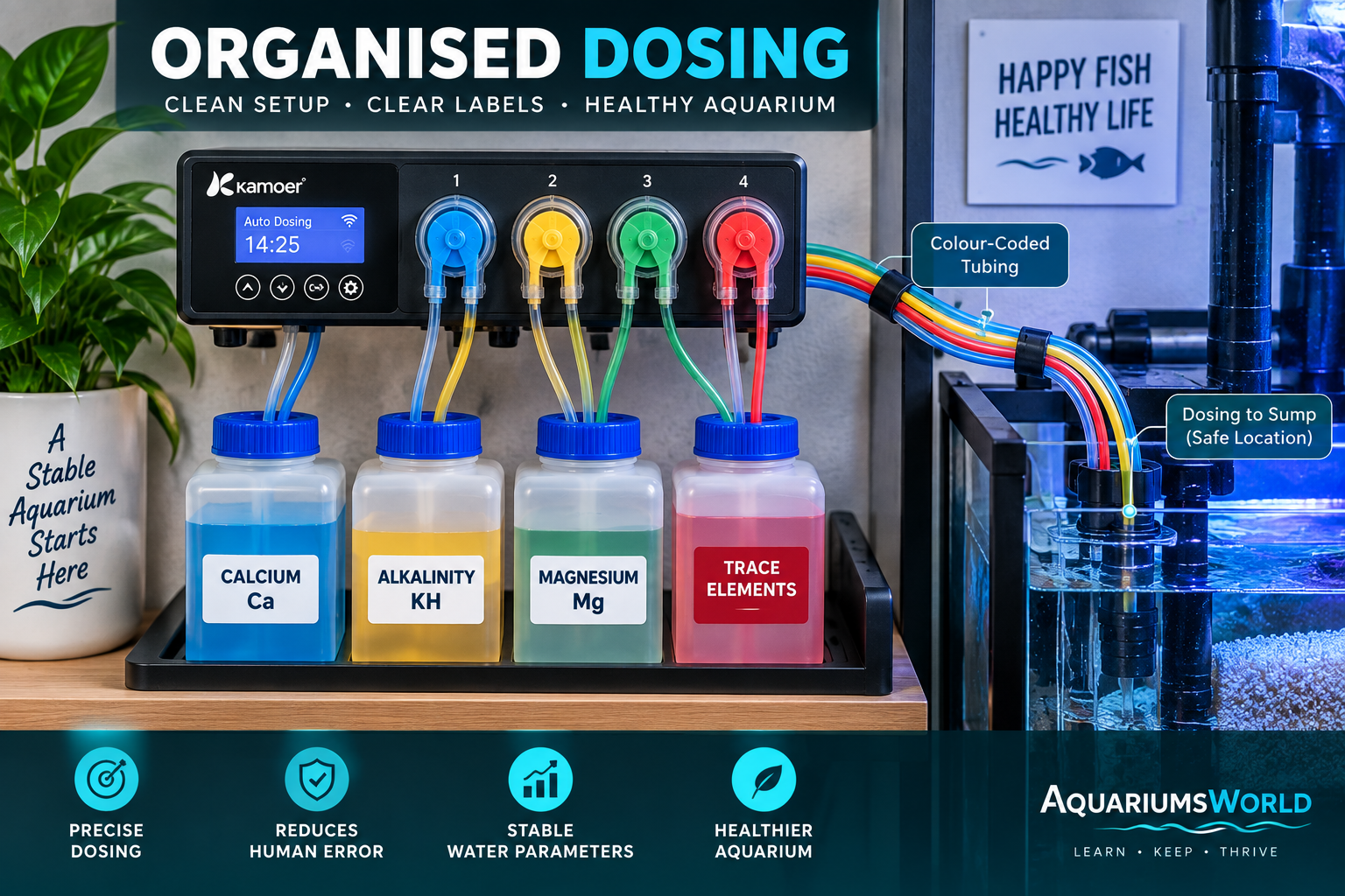 Aquarium dosing station with a multi-channel pump, labelled supplement containers and colour-coded tubing leading to a sump.