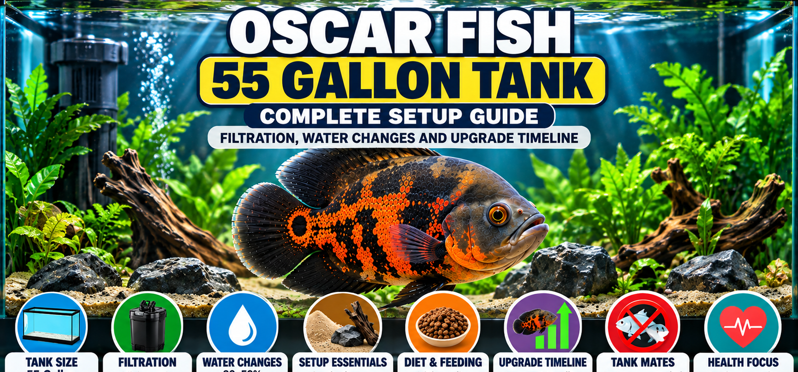 Oscar fish 55 gallon tank featuring an Oscar in a freshwater aquarium with filtration, water changes, feeding, setup essentials, tank mates, health care and upgrade guidance