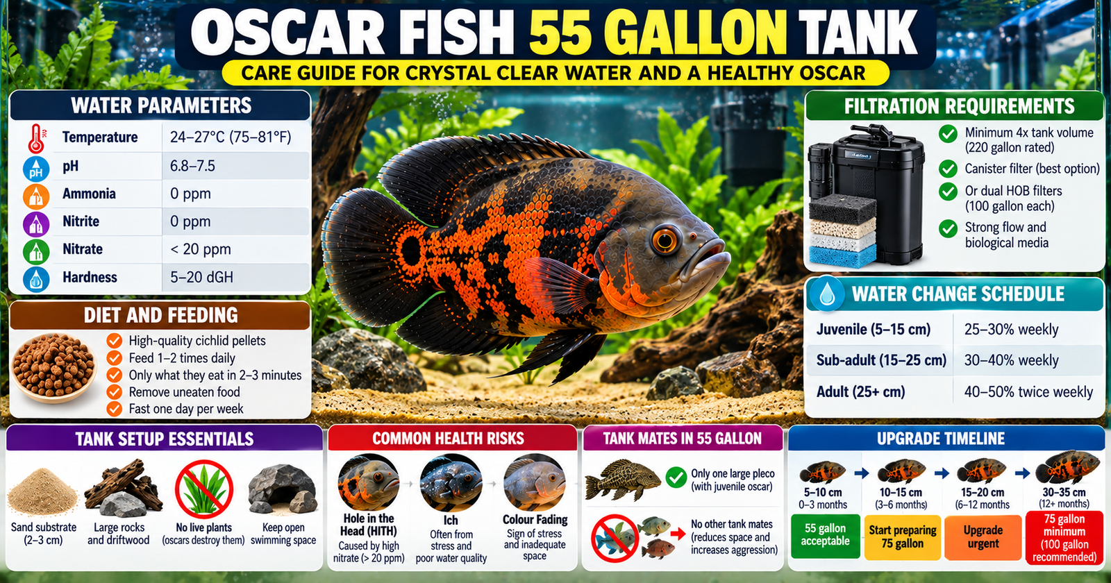 Oscar fish 55 gallon tank setup showing an Oscar aquarium with filtration, water changes, juvenile growth, tank size and upgrade requirements