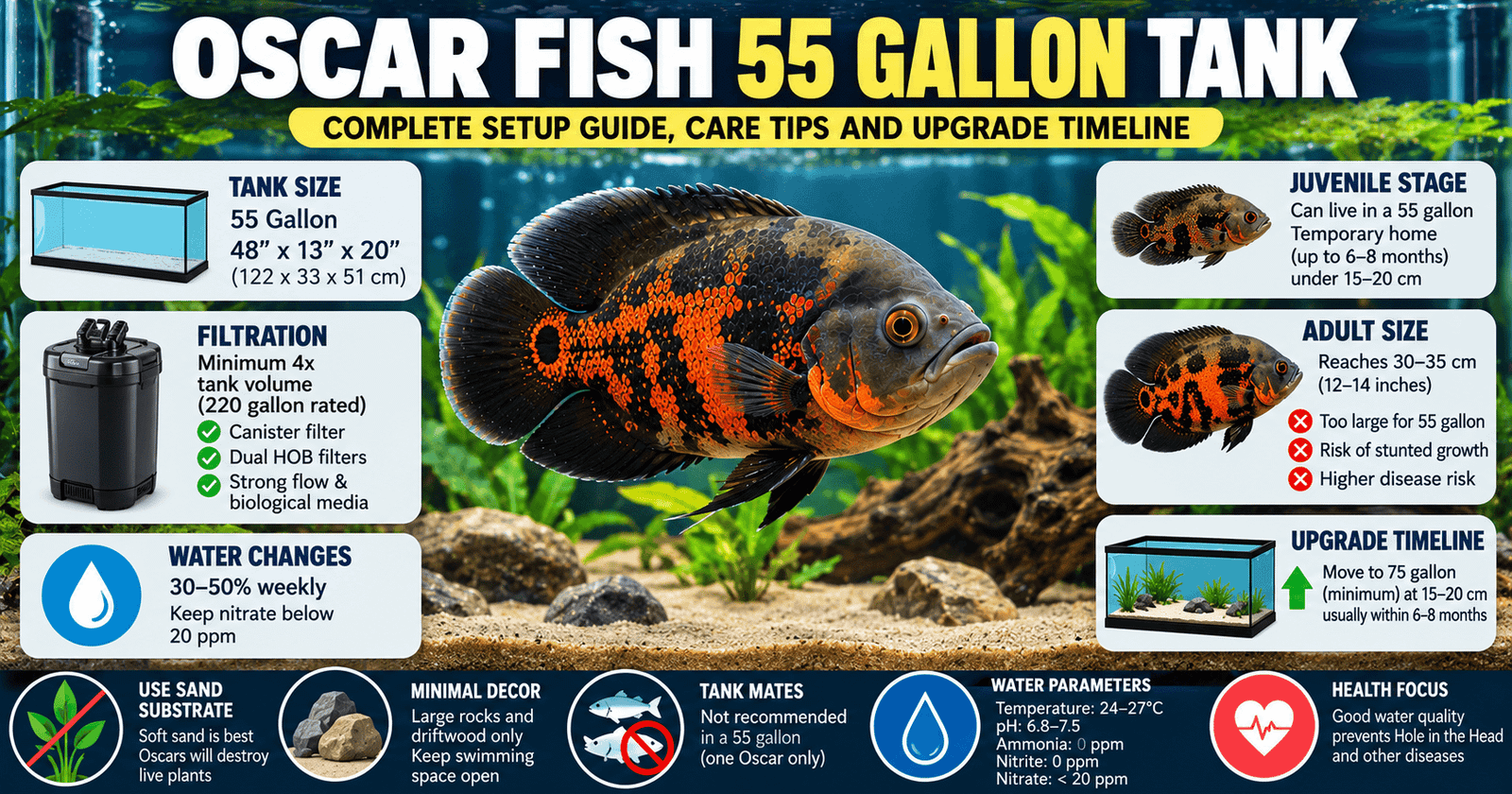 Oscar fish 55 gallon tank care infographic showing water parameters, filtration, water changes, feeding, tank setup, health risks and upgrade timeline