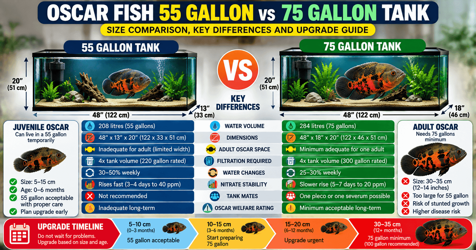 Oscar fish 55 gallon vs 75 gallon tank comparison showing aquarium dimensions, water volume, filtration, water changes and upgrade requirements for an Oscar fish