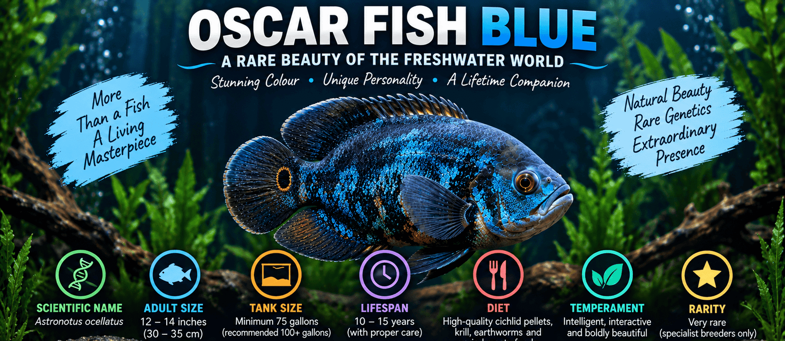 Oscar fish blue displaying metallic blue iridescent colouration in a freshwater aquarium with plants rocks and dark substrate