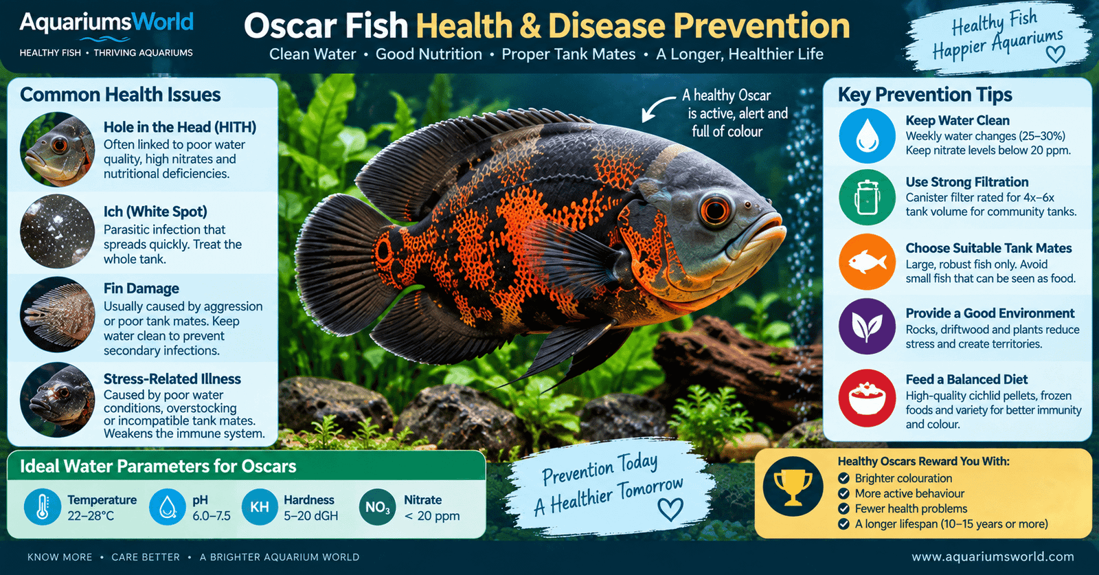 Oscar fish health and disease prevention infographic showing water quality filtration nutrition and suitable tank mates