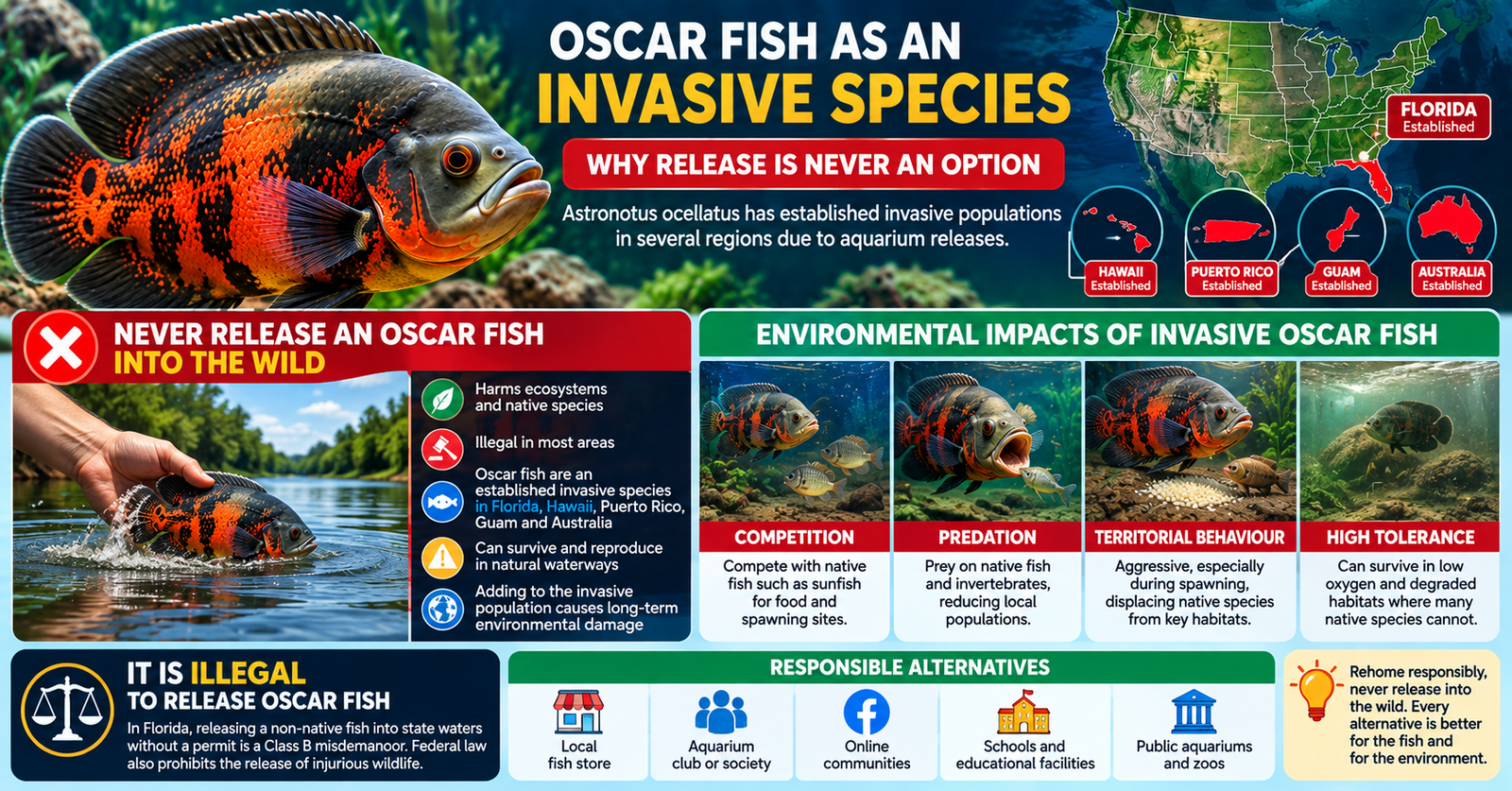 Oscar fish invasive species infographic showing Florida and other established non-native populations and responsible rehoming alternatives