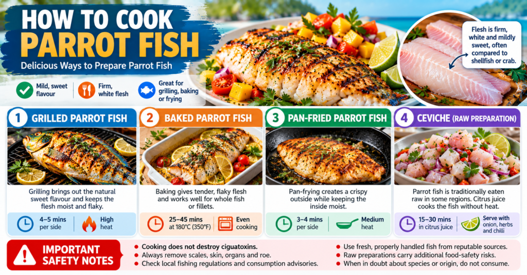 Infographic showing grilled, baked and pan-fried parrot fish alongside raw fish fillets, with cooking methods and food safety tips.