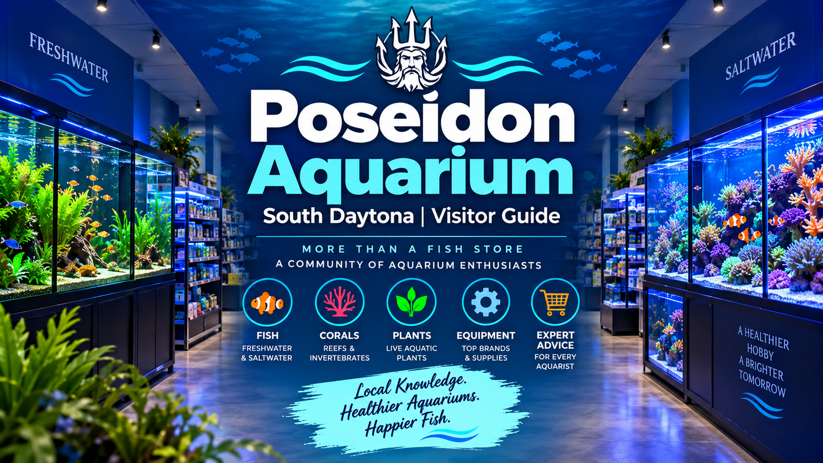 romotional visitor guide graphic for Poseidon Aquarium, featuring colourful freshwater and saltwater aquarium displays.