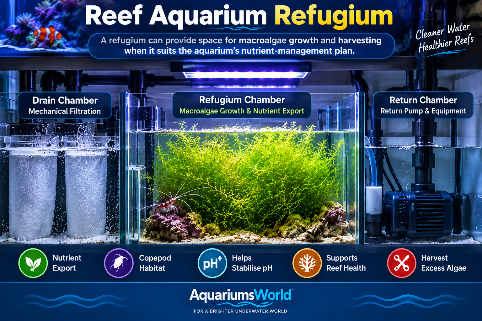 Reef aquarium sump with a central refugium chamber filled with green macroalgae, alongside mechanical filtration and a return pump.