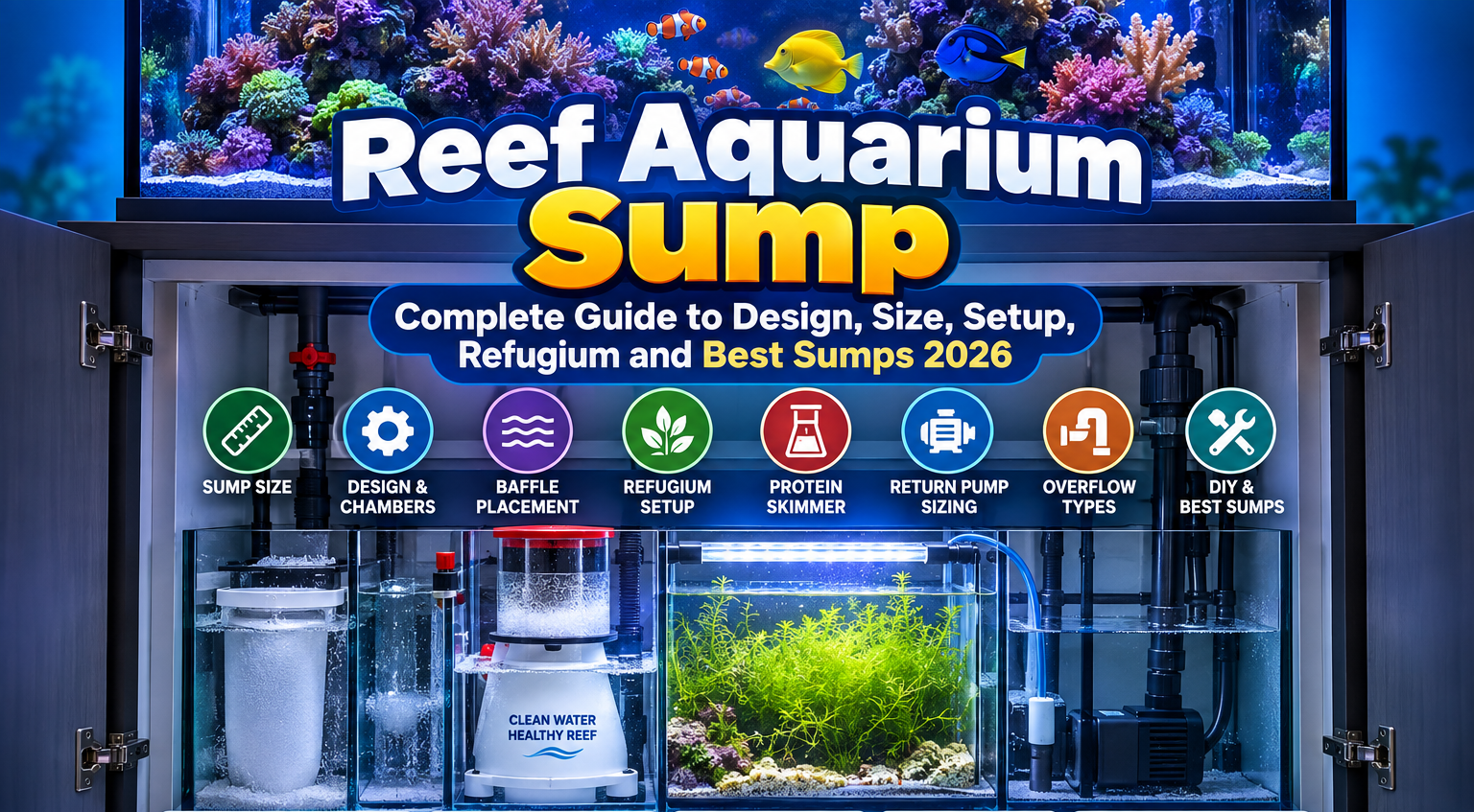 Reef aquarium sump system showing filtration chambers, protein skimmer, refugium with macroalgae, and return pump beneath a reef tank.