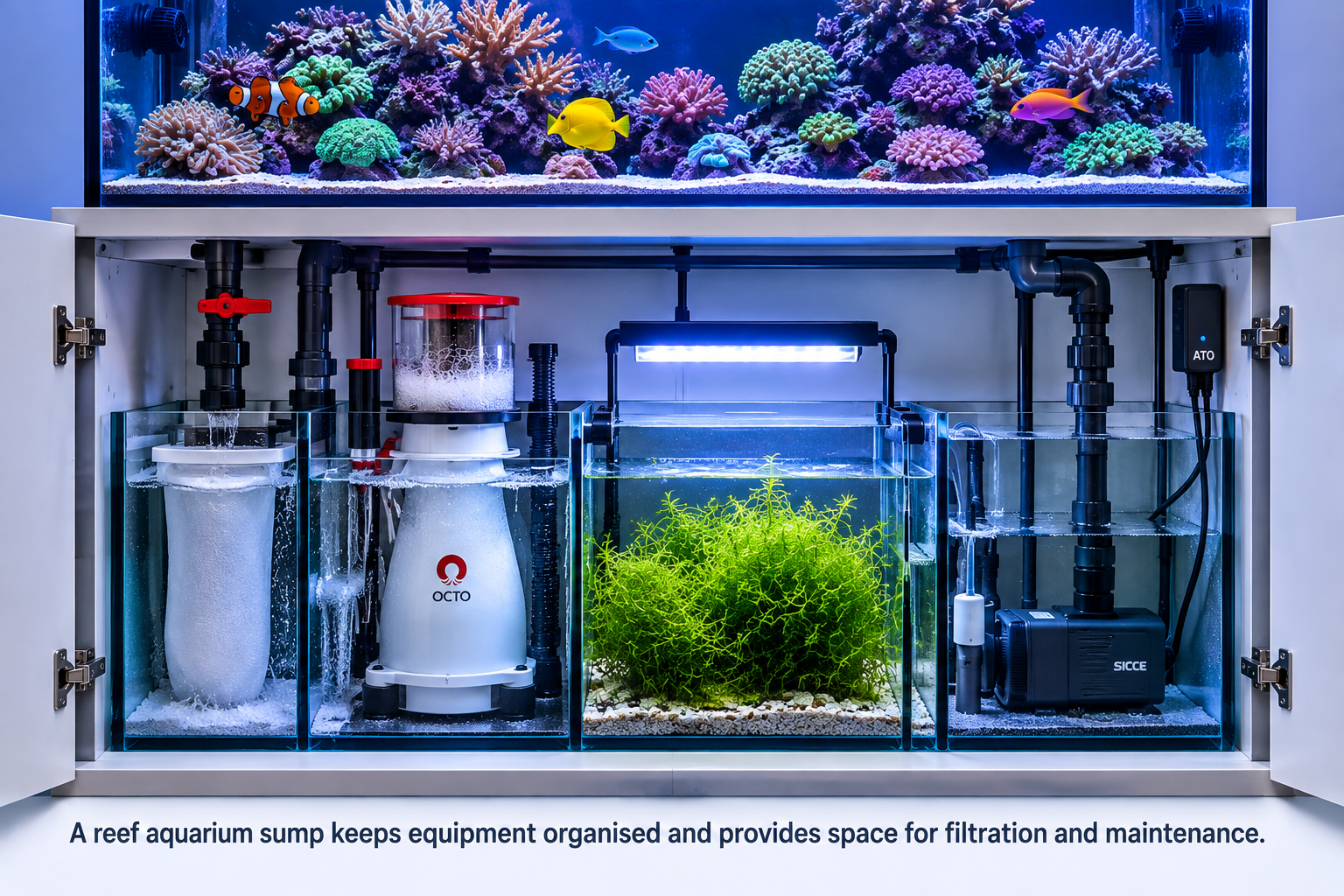 Reef aquarium above an open cabinet containing a sump with filter socks, protein skimmer, macroalgae refugium, return pump, and plumbing.