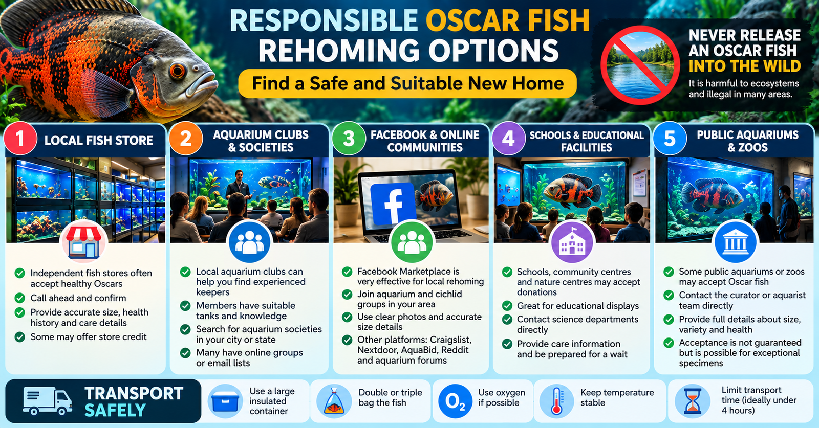 Responsible Oscar fish rehoming options including local fish stores, aquarium clubs, online communities, schools and public aquariums