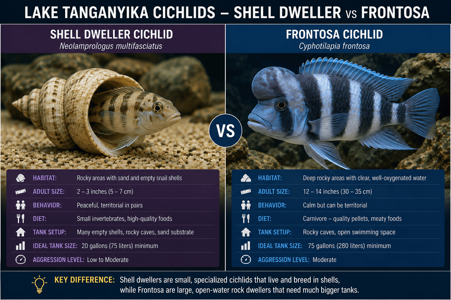Lake Tanganyika shell dweller and Frontosa cichlid comparison in separate aquarium panels