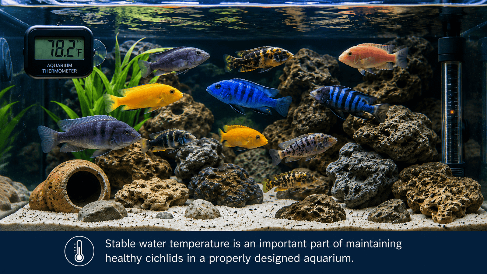 African cichlid aquarium with stable water temperature thermometer filtration and rockwork