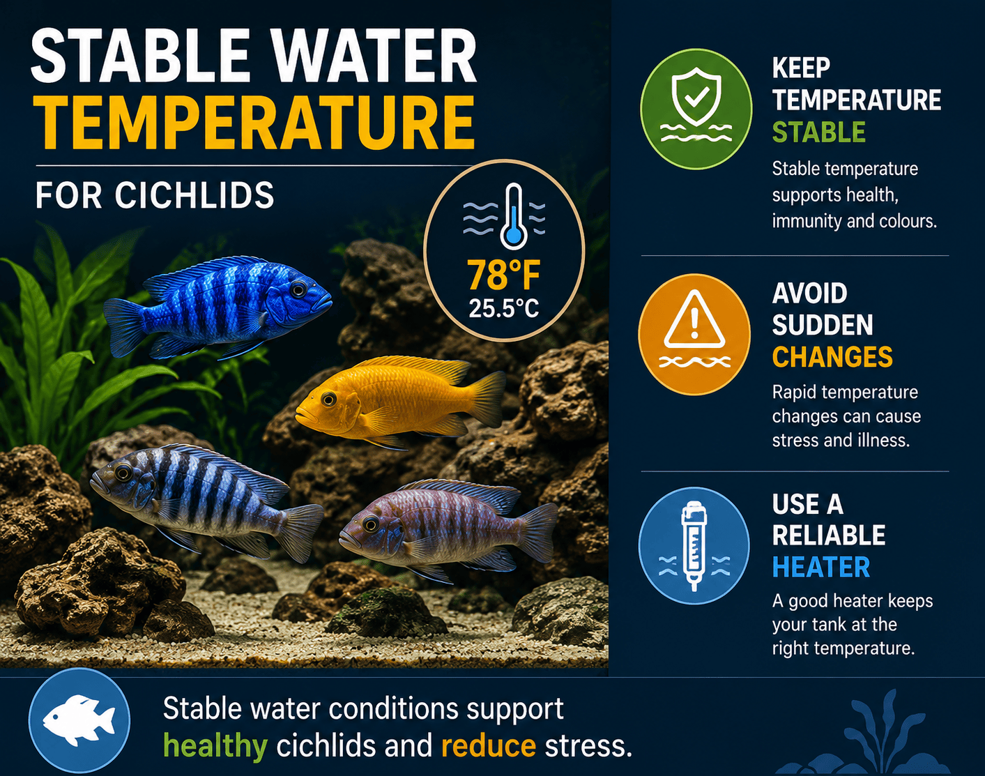Stable water temperature for cichlids with aquarium heater and healthy fish