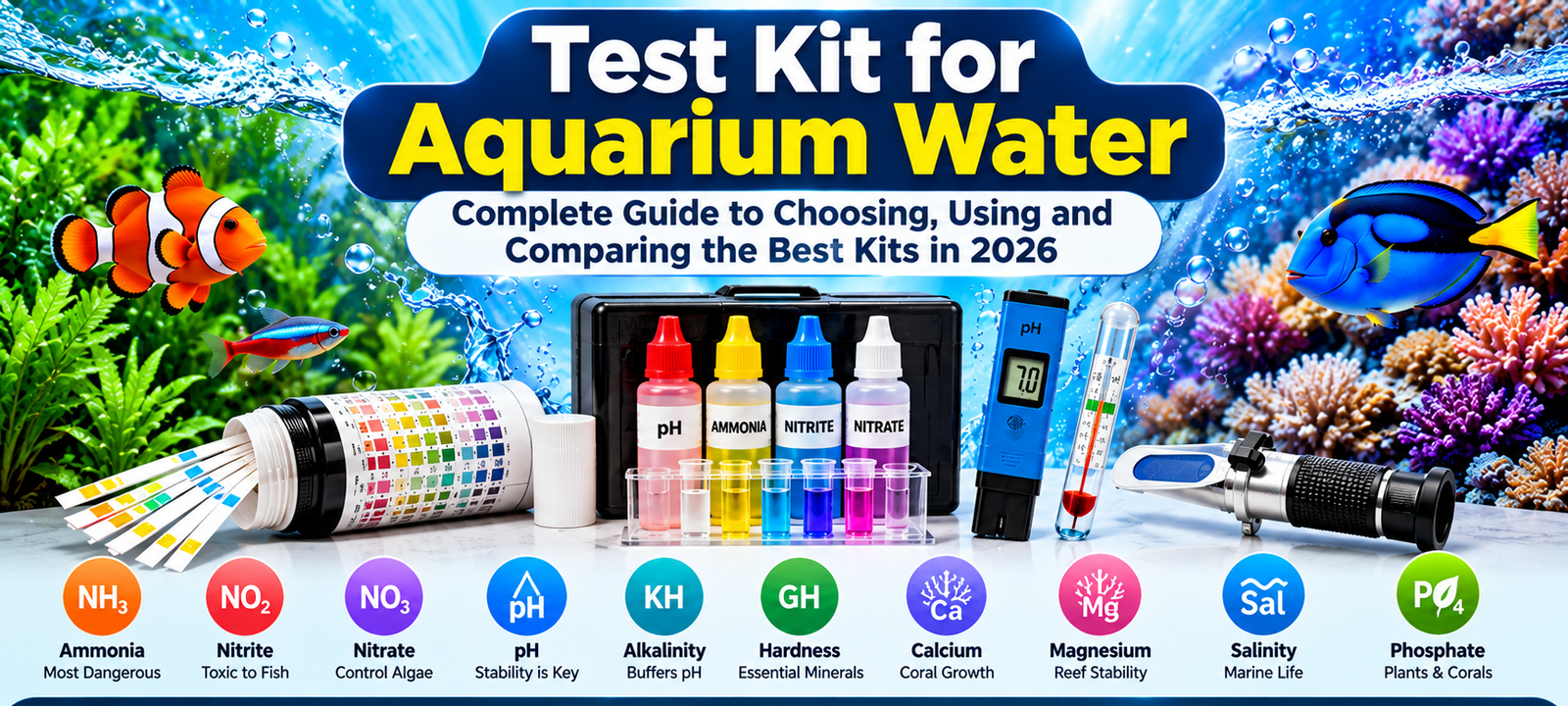 Aquarium water testing infographic featuring test strips, liquid test kits, a digital pH meter, and a refractometer, with key parameters including ammonia, nitrite, nitrate, pH, alkalinity, hardness, calcium, magnesium, salinity, and phosphate.