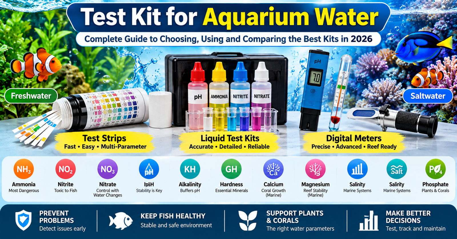 Infographic comparing aquarium water test strips, liquid test kits, and digital meters for freshwater and saltwater aquariums, highlighting key water parameters such as ammonia, nitrite, nitrate, pH, alkalinity, hardness, calcium, magnesium, salinity, and phosphate.