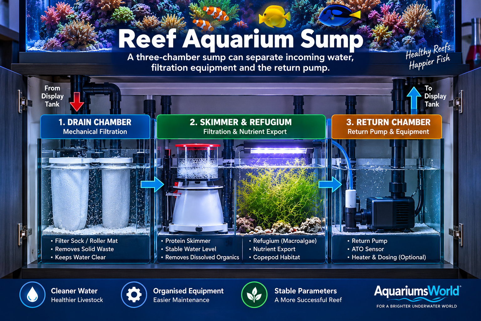 Three-chamber reef aquarium sump showing a drain chamber with filter socks, a middle chamber with a protein skimmer and refugium, and a return chamber with a pump.
