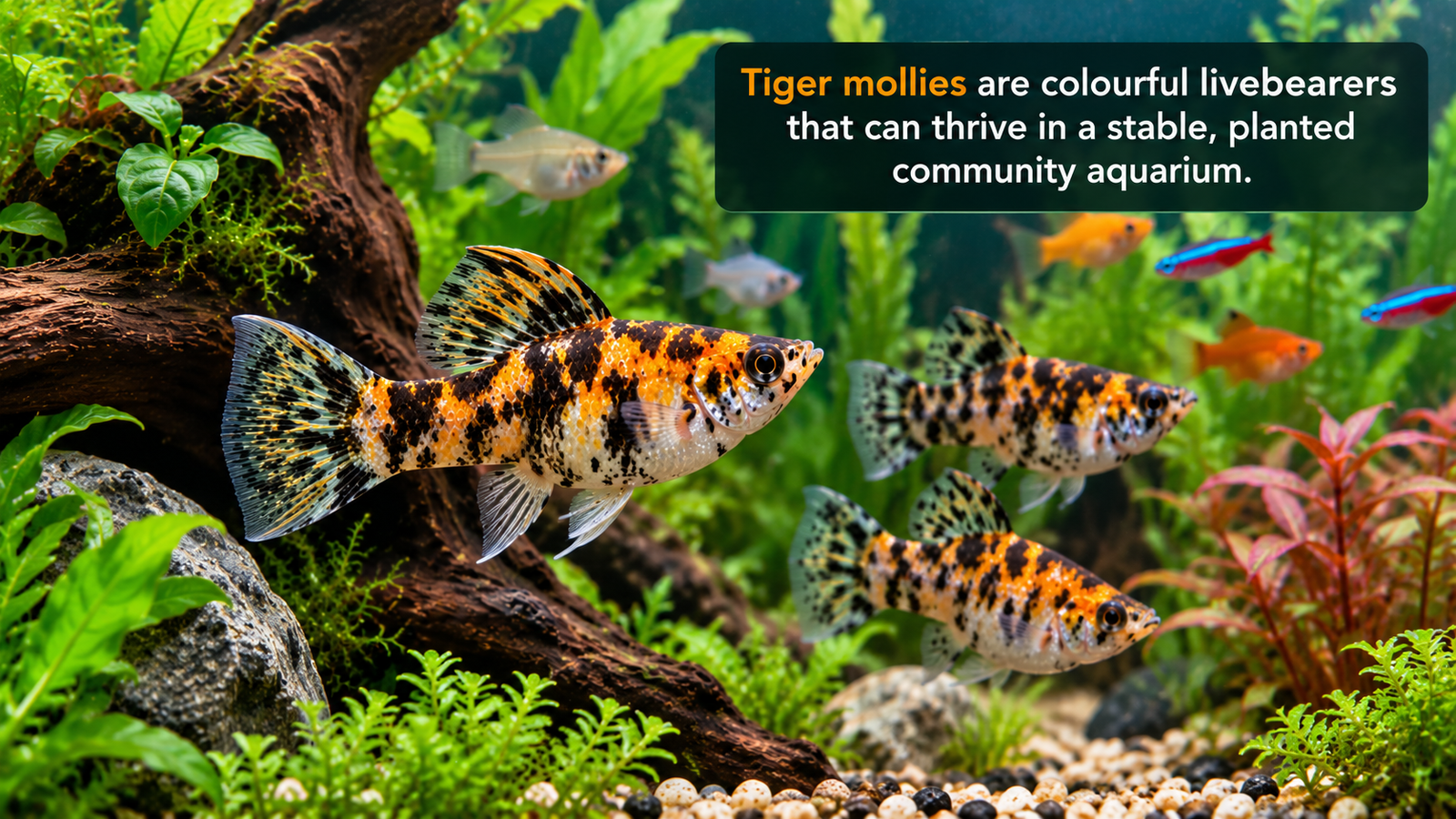 Tiger mollies swimming in a colourful planted community aquarium