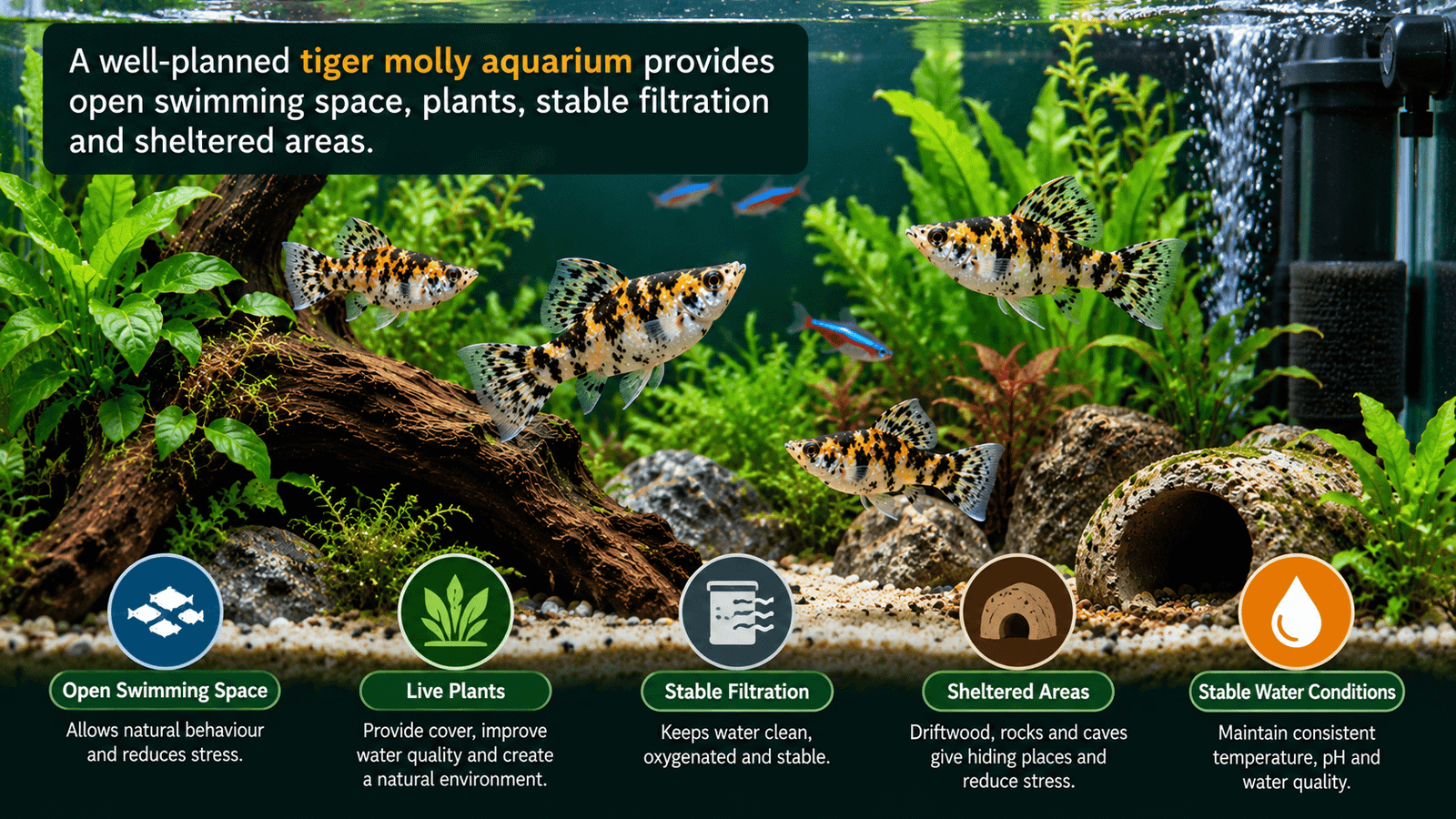 -Tiger Molly aquarium setup with plants driftwood open swimming space and sheltered areas
