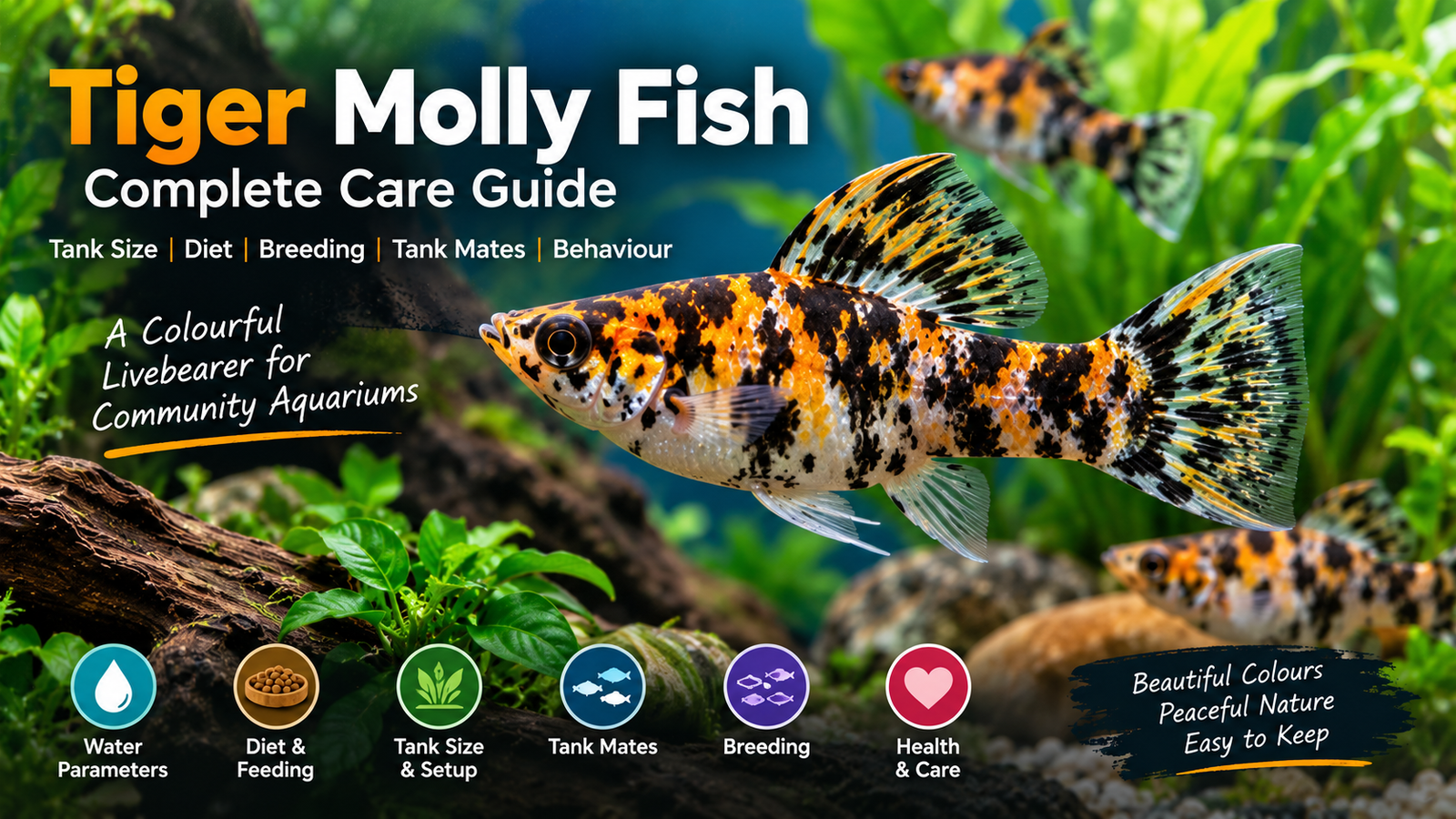 Tiger Molly fish in a planted aquarium with colourful black, orange and white patterns