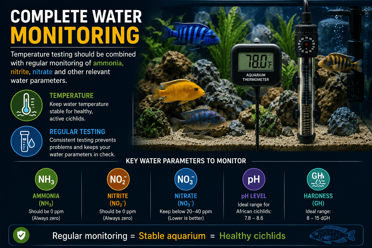 African cichlid aquarium water testing for ammonia nitrite nitrate and temperature