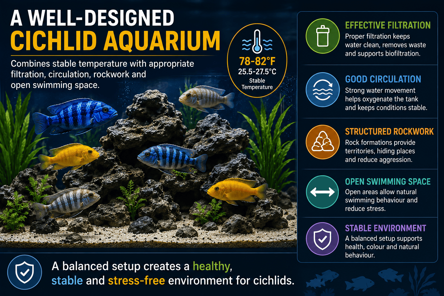 African cichlid aquarium with stable temperature filtration circulation rockwork and open swimming space