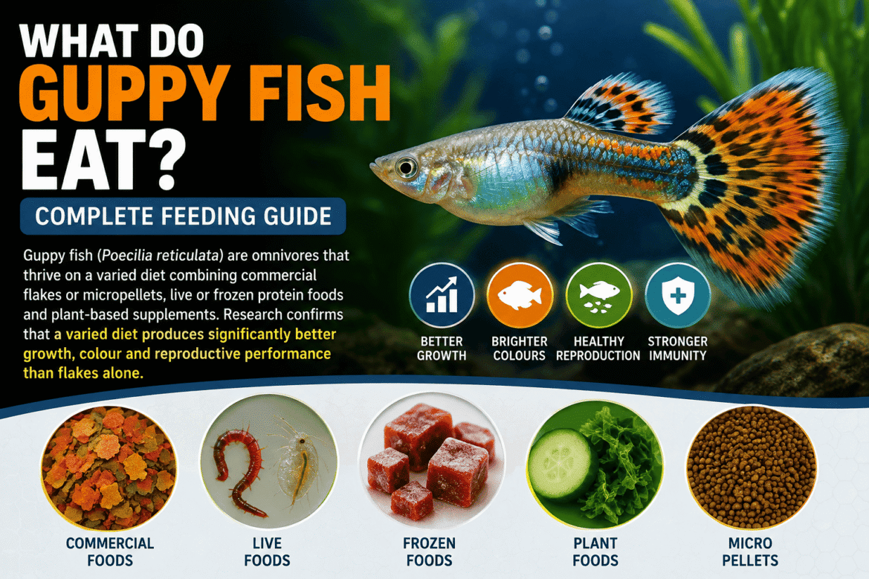 Guppy fish eating a varied diet of flakes, pellets, live foods, frozen foods and plant-based supplements