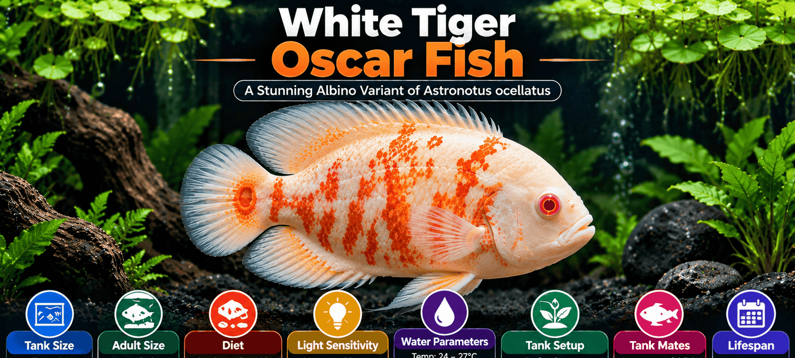 White tiger oscar fish with pale white body, orange-red tiger markings and pink-red eyes in a planted freshwater aquarium