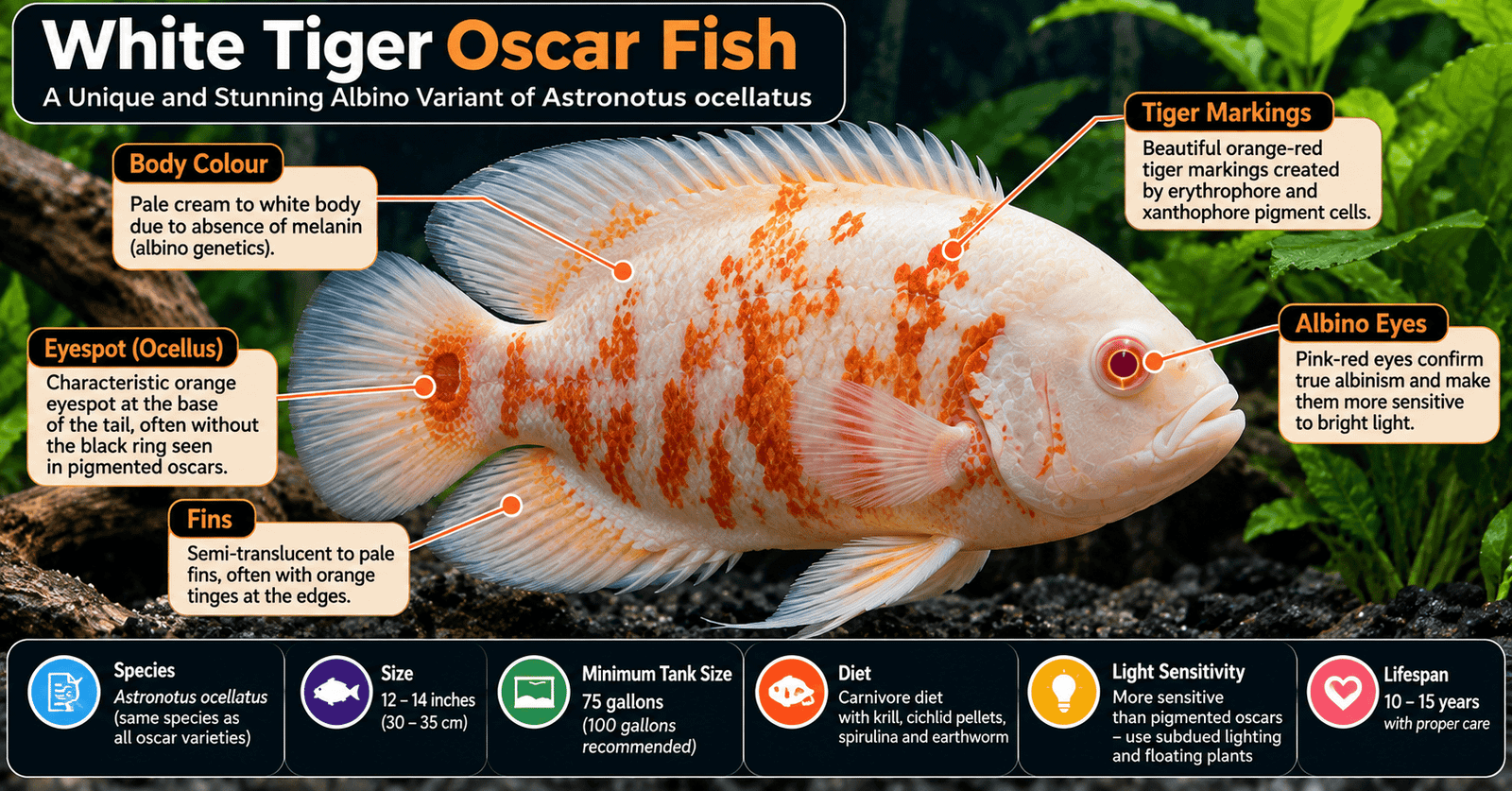 White tiger oscar fish (Astronotus ocellatus) with a pale cream-white body, orange-red tiger markings and pink-red eyes in a freshwater aquarium